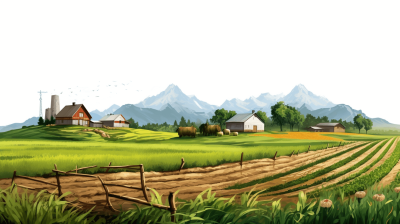 agriculture farm field with mountains in the background, vector art style, white background, detailed illustration, high resolution, illustration, colorful, cartoon