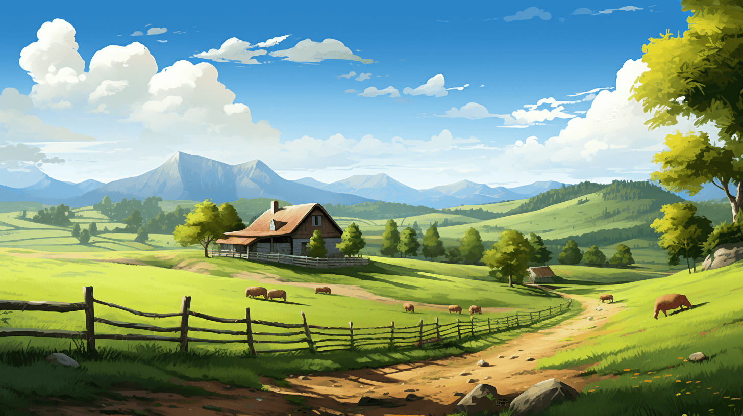 Beautiful farm with green grass, blue sky and white clouds, big house in the distance surrounded by wooden fences, distant mountains, grazing cows, in the style of cartoon, high resolution, landscape view, illustration, 2d game art, high detail, high quality, distant view, best quality.