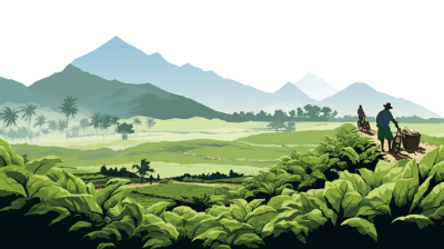 vector illustration of tea farmers picking fresh leaves in the mountains, there is lush greenery and distant tropical palm trees, flat design with white background, flat colors, green tones, high contrast, vector art style, high resolution, high quality, high details, sharp focus,