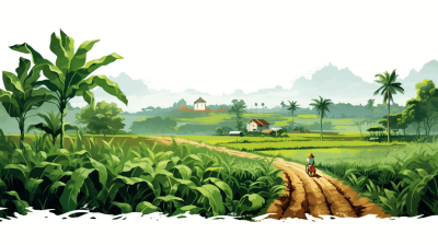 A beautiful illustration of the vibrant green fields and a dirt road leading to a village in Vietnam, with farmers working on crops. The scene is set against a white background, capturing an idyllic rural landscape. This vector artwork has smooth lines and is rendered in high resolution vector quality, showcasing intricate details in every brushstroke. in the style of an idyllic rural landscape.