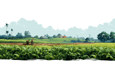 a simple illustration of an indonesian farmer working in the fields, white background with green corn field and village buildings in distance, vector art style, flat design, high resolution, high details, no shadows, low contrast, soft colors, soft edges, warm tones, clean lines, clear outlines, white space on top