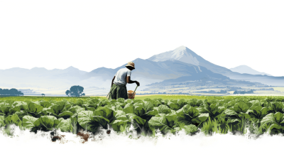 A farmer tending to vegetables in the foreground, with mountains and green fields visible in the background. The background is white. Vector illustration style with clean lines and flat colors. In color, vector art on an isolated white background. A man harvesting cabbages in New Zealand's rural landscape, surrounded by lush greens of crops under clear blue skies, showcasing farmers' commitment towards sustainable farming practices. Isolated White Background, clipart in the style of vector illustration.