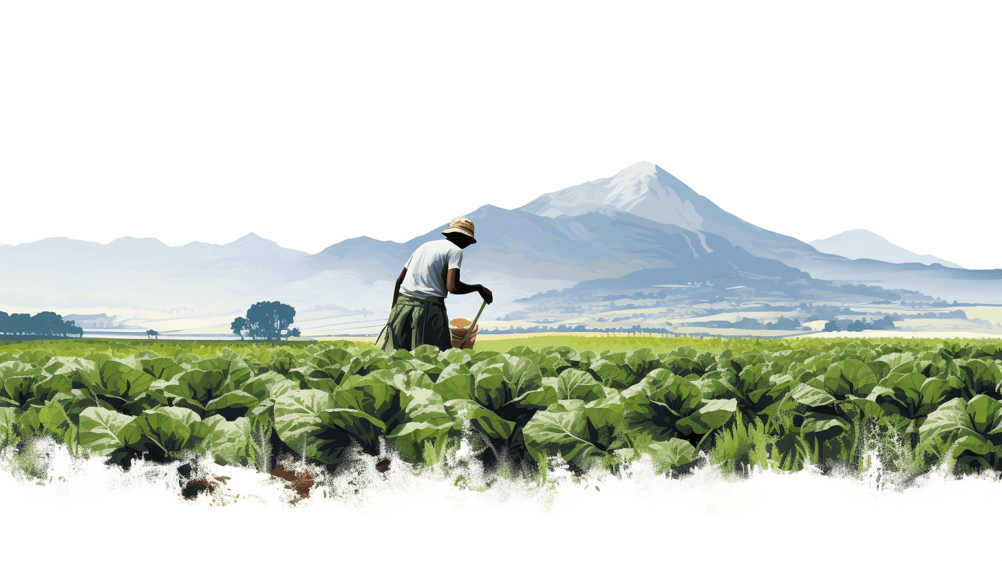 A farmer tending to vegetables in the foreground, with mountains and green fields visible in the background. The background is white. Vector illustration style with clean lines and flat colors. In color, vector art on an isolated white background. A man harvesting cabbages in New Zealand’s rural landscape, surrounded by lush greens of crops under clear blue skies, showcasing farmers’ commitment towards sustainable farming practices. Isolated White Background, clipart in the style of vector illustration.