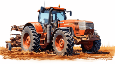 Generate an illustration of the tractor in the style of watercolor, isolated on a white background, with attention to detail in realistic rendering and lighting effects for enhanced realism. Ensure that all elements within the drawing showcase a bright orange color scheme. The artwork should capture the essence of farm life while showcasing the tractor's sleek design and powerful features. Isolated on a white background.