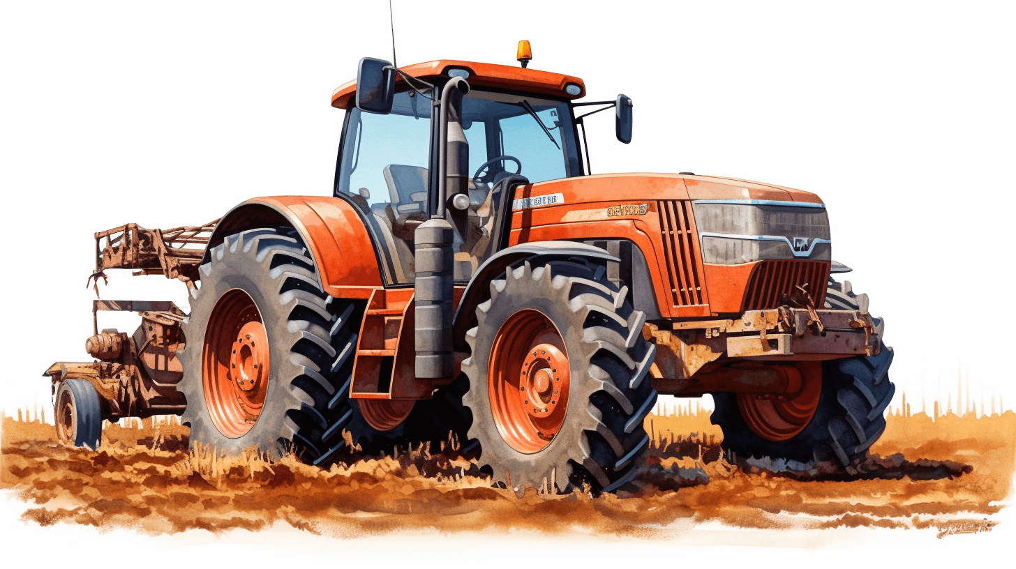 Generate an illustration of the tractor in the style of watercolor, isolated on a white background, with attention to detail in realistic rendering and lighting effects for enhanced realism. Ensure that all elements within the drawing showcase a bright orange color scheme. The artwork should capture the essence of farm life while showcasing the tractor’s sleek design and powerful features. Isolated on a white background.