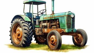 A watercolor realistic and detailed illustration of an old tractor in a field with a white background, using pastel blue and green tones with brown accents, in the style of vintage style, depicting wood texture, shown from the side view isolated on a white background, with clean edges, featuring highly detailed and delicate art.