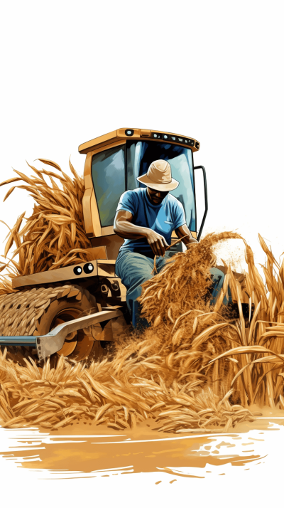 A farmer in a blue t-shirt and jeans is driving a harvester against a white background in the style of a vector illustration. The style uses brush strokes with high resolution, digital art, high detail and high quality in a professional manner. It is colorful with natural elements and a grainy texture with a brown color palette and a wheat field background. The illustration has a realistic style in the manner of a cartoon with bright colors, soft lighting, bold lines, clear details, high definition and high contrast under natural lighting.