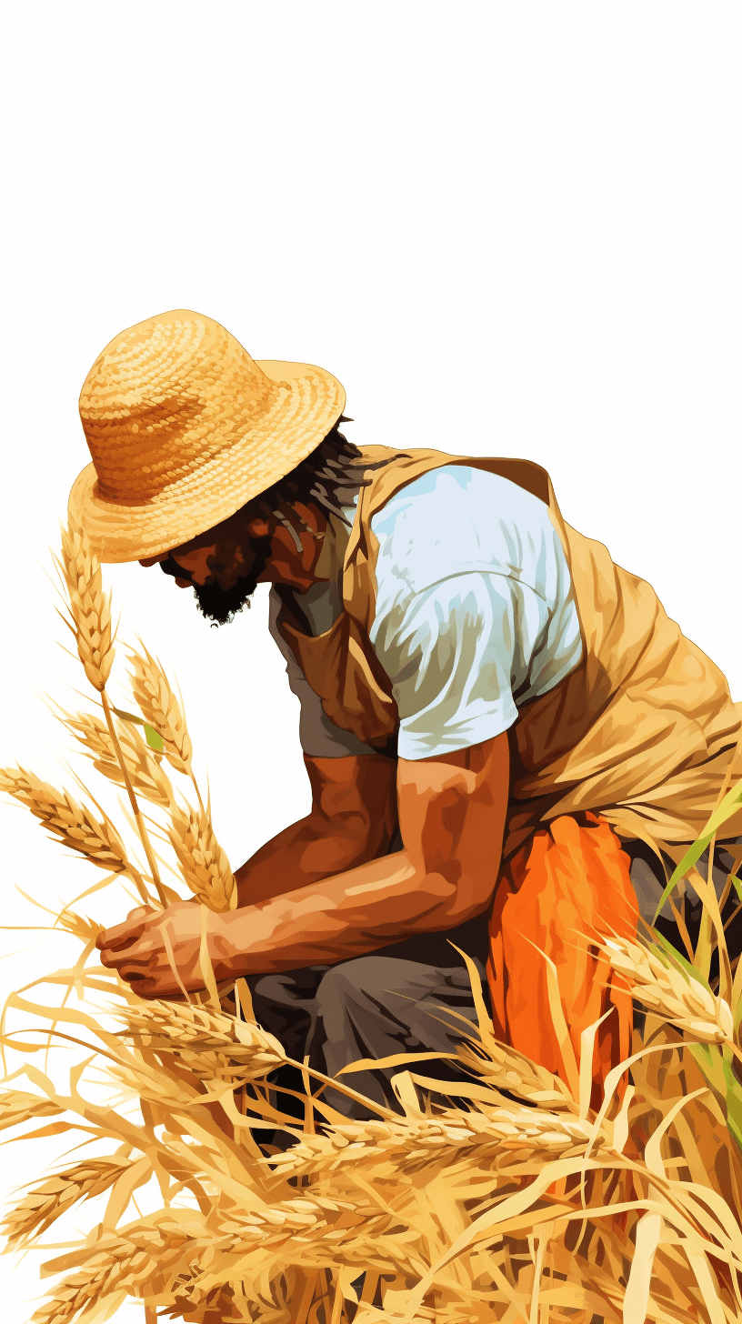 A farmer is harvesting wheat on a white background in a cartoon style with a simple illustration using vector graphics with simple details in high resolution without shadows and with high detail, high quality, high resolution, high definition, and high sharpness with high focus, high dynamic range, high contrast, and high color saturation in the style of hyper realism and hyper detail.