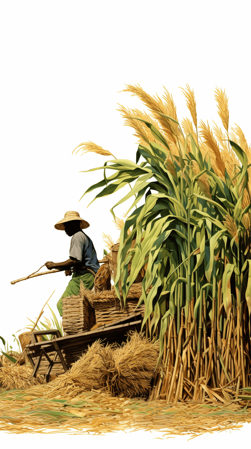 An African farmer is harvesting corn, with an ox-drawn wooden cart filled to the brim with dry yellow grain. The scene captures the rural setting of South Africa and includes detailed illustrations of tall golden sorghum stalks standing beside him. This clipart illustration isolated on a white background is created using digital airbrushing techniques in vector format for artistic expression. It was drawn in the style of hand-drawn art and digitally enhanced into high resolution vector art.