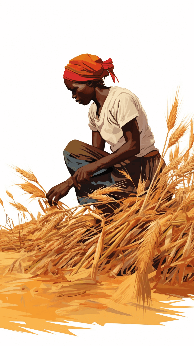 a vector illustration of an African farmer, kneeling in the middle of a wheat field harvesting grains, white background, high resolution, digital art, high detailed, high quality, high resolution, clipart style,