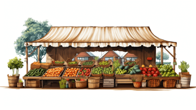 Illustration of a market stall with fresh produce on a white background, no shadows, in the cottagecore style. The wooden structure has a roof made from brown fabric, with boxes and baskets for fruits and vegetables, isolated in the middle of an outdoor setting. The illustration is detailed, high resolution, high quality and hyper realistic in the style of vector illustration. It is digital art with an earth tones color palette and pastel colors, isolated on a pure white background with high detail and rendered in a hyperrealistic style.