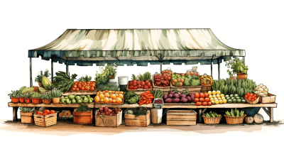 An handdrawn illustration of an open air market stand with fresh produce, in the clip art style, on a white background, in the watercolor style.