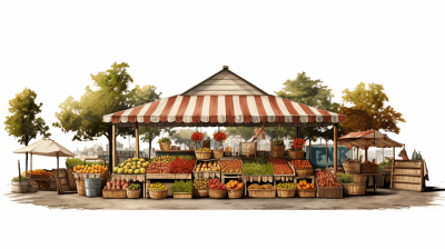 A vintage market stall with an awning and striped canopy, surrounded by fruit baskets in the background of trees and white sky, in the style of watercolor, detailed illustration with a white isolated background, high resolution professional photograph. The colors should be vibrant yet harmonious, suitable for rustic designs.