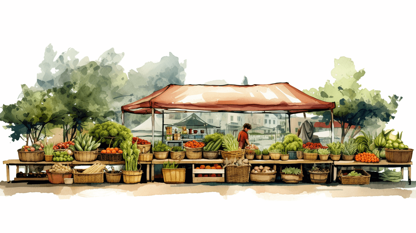 watercolour, outdoor market stall with lots of fresh produce, in the style of clip art, white background