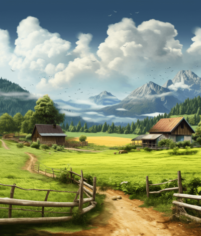 A digital art of a beautiful farm in the mountains, with green grass and a blue sky, wooden fences, houses in a forest, and clouds. The art is highly detailed digital painting concept art in the style of a landscape.