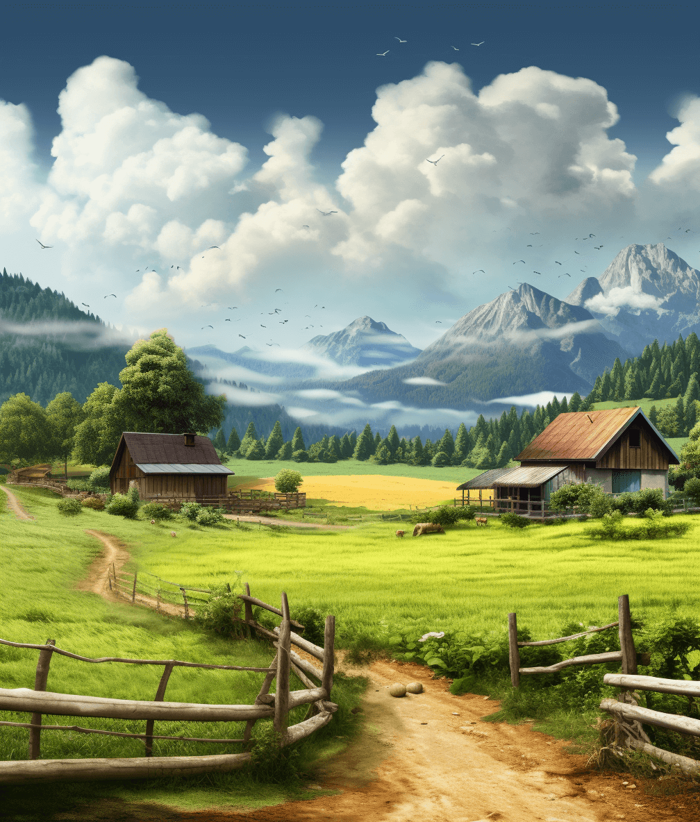 A digital art of a beautiful farm in the mountains, with green grass and a blue sky, wooden fences, houses in a forest, and clouds. The art is highly detailed digital painting concept art in the style of a landscape.