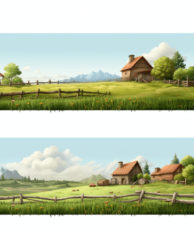 A beautiful farm with wooden fences and small houses on the grassland, in the style of cartoon, vector graphics, white background, two different angles of view, high resolution, high quality, bright colors, sunny day, green meadows, mountains in the distance. The top left part has a clear sky without clouds. In front is an old farmhouse with brown walls and roof. On both sides behind it stand low-rise buildings made from wood. There are also some dead tree trunks visible near them. A few animals can be seen walking around the area.