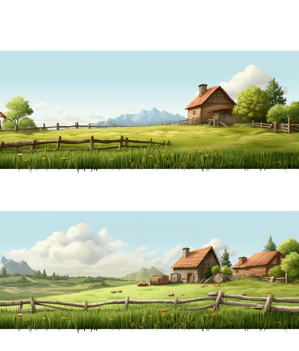 A beautiful farm with wooden fences and small houses on the grassland, in the style of cartoon, vector graphics, white background, two different angles of view, high resolution, high quality, bright colors, sunny day, green meadows, mountains in the distance. The top left part has a clear sky without clouds. In front is an old farmhouse with brown walls and roof. On both sides behind it stand low-rise buildings made from wood. There are also some dead tree trunks visible near them. A few animals can be seen walking around the area.