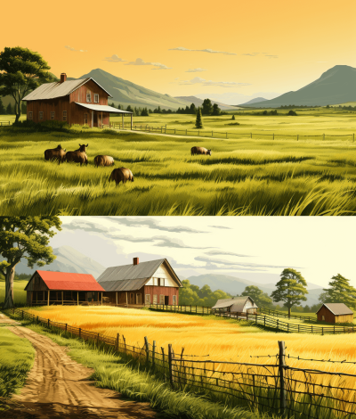 A farm with animals and barns in the distance, yellow grass fields, warm colors, in the style of a vintage illustration, detailed, split into multiple images showing different angles, side views, top down perspectives, front facing views, and a back facing perspective of farmland.