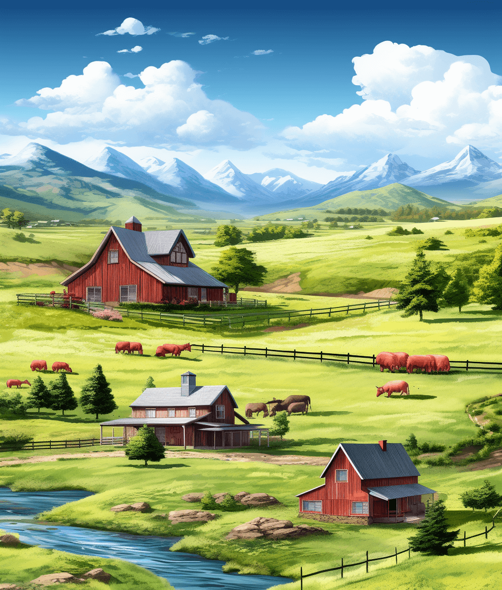 Illustration of a farm with red barns and houses, green grasslands, cows grazing in the background, a small river flowing through the landscape, mountains visible on the horizon, a bright blue sky with white clouds, detailed background elements such as trees and fences, vibrant colors creating an inviting atmosphere, in the style of a digital art, high resolution.