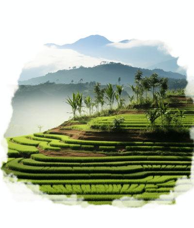 A photo of terraced rice fields in Bali with mountains and clouds in the background. The photo is in the style of clip art with a white border around it and is in PNG format with transparent background but low quality.