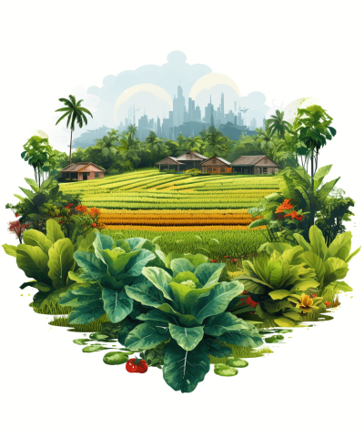 A vibrant illustration of the urban and rural landscape in Thailand, featuring lush green rice fields surrounded by vegetable gardens with vegetables growing tall, overlooking an industrial city skyline in the distance. Isolated on a white background to remove any background.