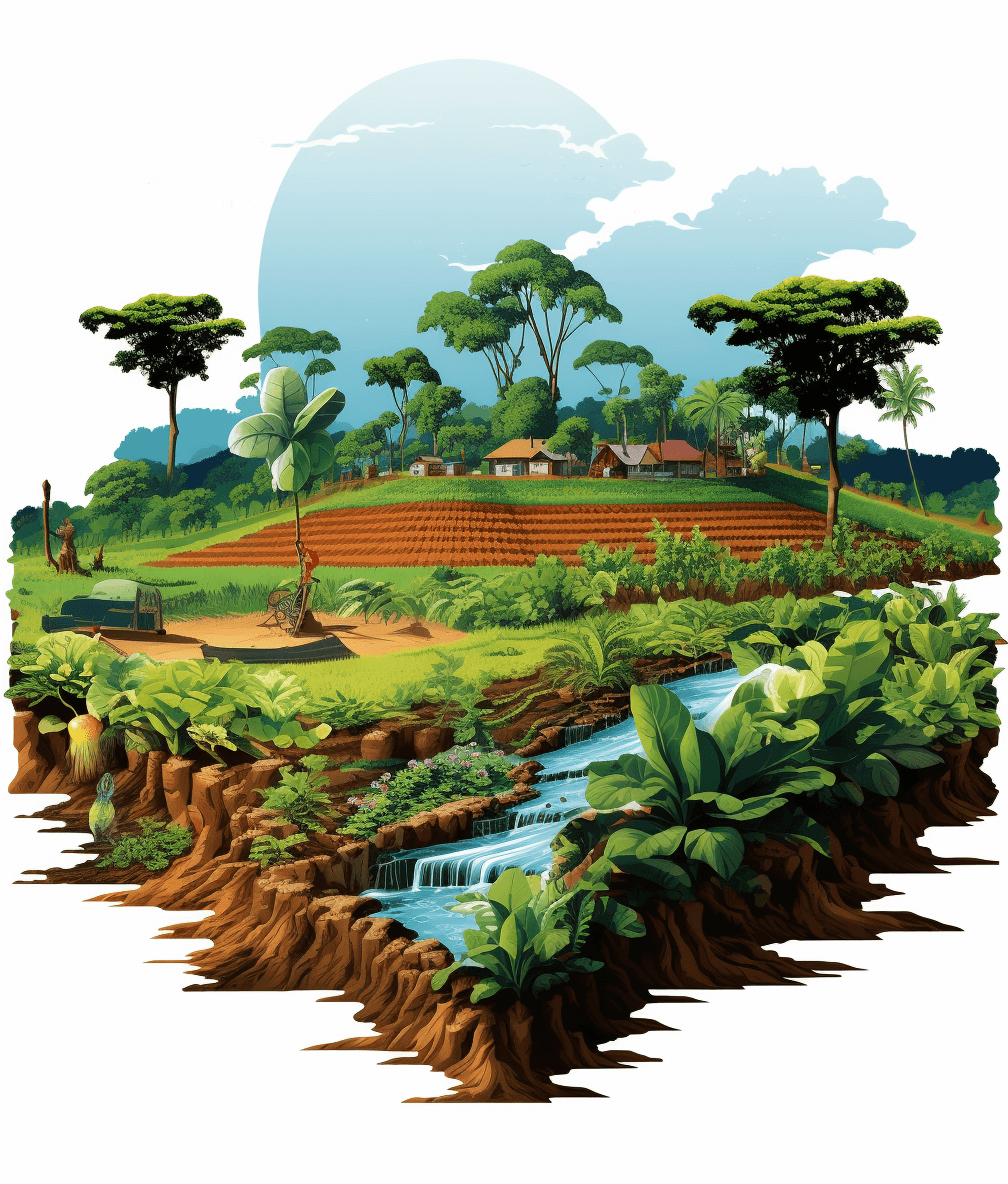 An vector illustration of an African farm with lush greenery, terraced fields and water source in the style of Dr Seuss, on a white background, tshirt design splitting the images into two different parts