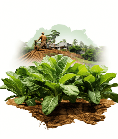 A realistic illustration of green spinach growing on top of brown soil at the bottom, with a farmer plowing in the background and traditional Indonesian village houses in the distance. The scene is isolated against a white background, with detailed focus on each element, and conveys natural aesthetics. It should convey a high quality product advertisement, with warm lighting to highlight textures and colors, and have no text or logo. The style is in the style of traditional Indonesian village scenes.