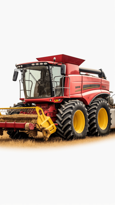 A red and yellow combine harvester is driving on the field, with a white background and high-definition photography. The vehicle has four large black tires and two oversized wheels in front of it. It features a square roof, bright LED lights, a curved shape at its front, and no other elements or characters around. in the style of no artist.