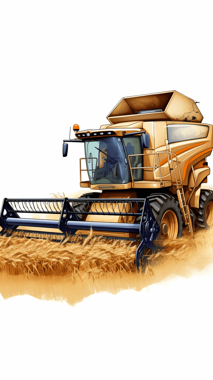 Watercolor Clipart, White background, ultra detailed, hyper realistic. A golden harvester in the field, beige color palette. The image depicts a harvester in a field in the style of beige color palette.