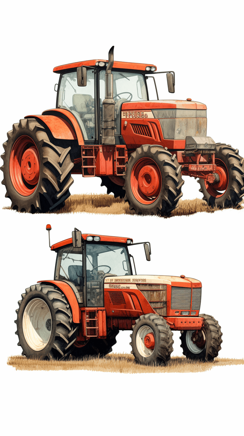 two sided vector illustration of two tractors, white background, high resolution, high detail, digital art in the style of [Artgerm](https://goo.gl/search?artist%20Artgerm) and [Greg Rutkowski](https://goo.gl/search?artist%20Greg%20Rutkowski) and [WLOP](https://goo.gl/search?artist%20WLOP), watercolor, cartoon realism, ultra detailed, hyperrealistic