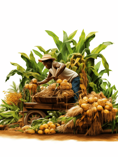 A realistic illustration of an African farmer with his handcart full of corn and dried sweet potatoes on the ground, surrounded by green leaves and plants. The background is white, creating contrast against vibrant colors of different crops. Soft lighting highlights details in each product. This scene conveys warmth from natural elements, showcasing rural life and agricultural activities in the style of a realistic painter.