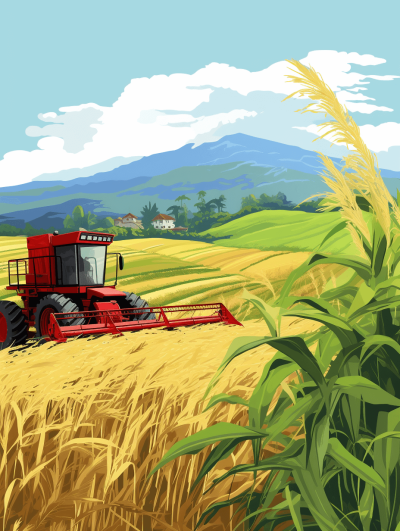 Red harvester in the field of golden rice, in the style of cartoon, in a vector illustration style, with a simple background, using flat color blocks, with green grain fields and distant mountains resembling China's Yunnan Province, with high definition resolution, high detail, high quality, high contrast, bright colors, resembling natural lighting, in a professional photography style, for best picture quality.