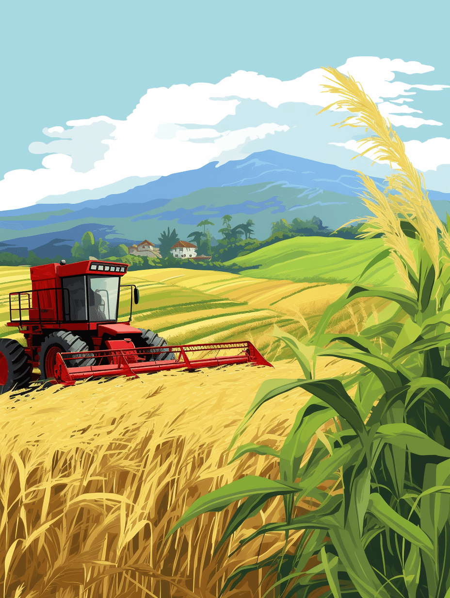 Red harvester in the field of golden rice, in the style of cartoon, in a vector illustration style, with a simple background, using flat color blocks, with green grain fields and distant mountains resembling China’s Yunnan Province, with high definition resolution, high detail, high quality, high contrast, bright colors, resembling natural lighting, in a professional photography style, for best picture quality.