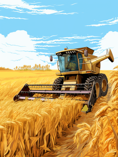 Vector illustration of a harvester working in a wheat field in the style of a cartoon with brush strokes and graphic design elements. Vector illustration created in Adobe Illustrator with flat colors in a cartoon style. A digital painting with high resolution and high detail. Colorful with bright colors and of professional quality. Sharp focus with hyper realistic and super detailed imagery in high definition with high contrast. Wide angle lens with depth of field and sharp details against a clean background.