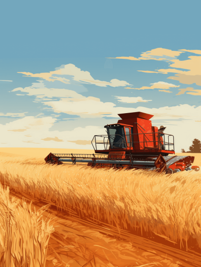 A red harvester is harvesting wheat in the field, in a flat design illustration style, with vector style lines and solid colors, as a high resolution digital art with no shadows and high detail. The artwork uses bright color tones, vibrant colors, warm lighting to depict a sunny day.