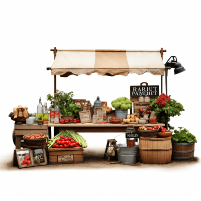 3D realistic farm stand with lots of vegetables and other goods for sale in the style of clipart, isolated on a white background, with high detail, ultra realistic, cinematic lighting, high resolution, very detailed, creative design.