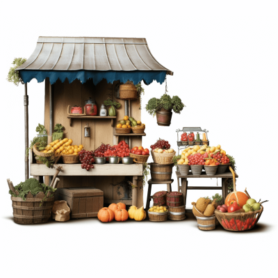 A realistic photography of an old wooden fruit stand with lots of fresh produce and baskets, on white background, hyperrealistic details, highly detailed