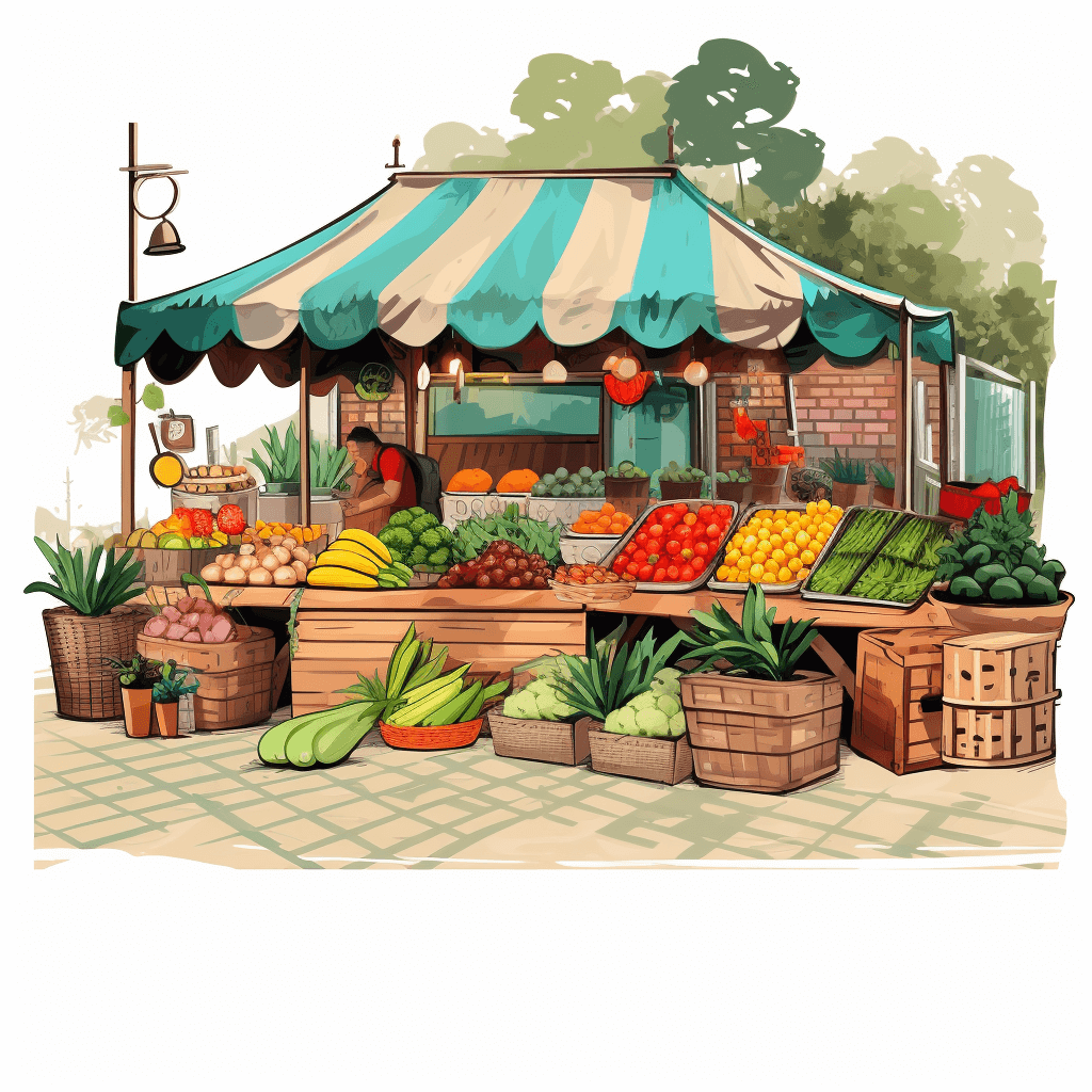 An illustration of an openair market stall with fresh produce, clip art style, white background, vector design, vector graphics, vector illustration, flat color illustration, simple, high resolution, high detail, high quality, digital painting, high contrast, high sharpness, hyperrealistic, watercolor clipart, 2d game asset, cartoon, anime style, no text or letters in the picture, no shadows, no shadow, no reflections, no reflection, no reflection on glass, no glare, no reflection, no blur, no bokeh, no gradient