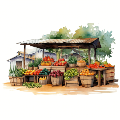 A watercolor realistic and detailed illustration of an old wooden fruit stand with many fresh fruits surrounded by wood crates full of various types of vegetables in the quiet countryside village, on a white background, with rich colors and deep details in the style of illustrations.