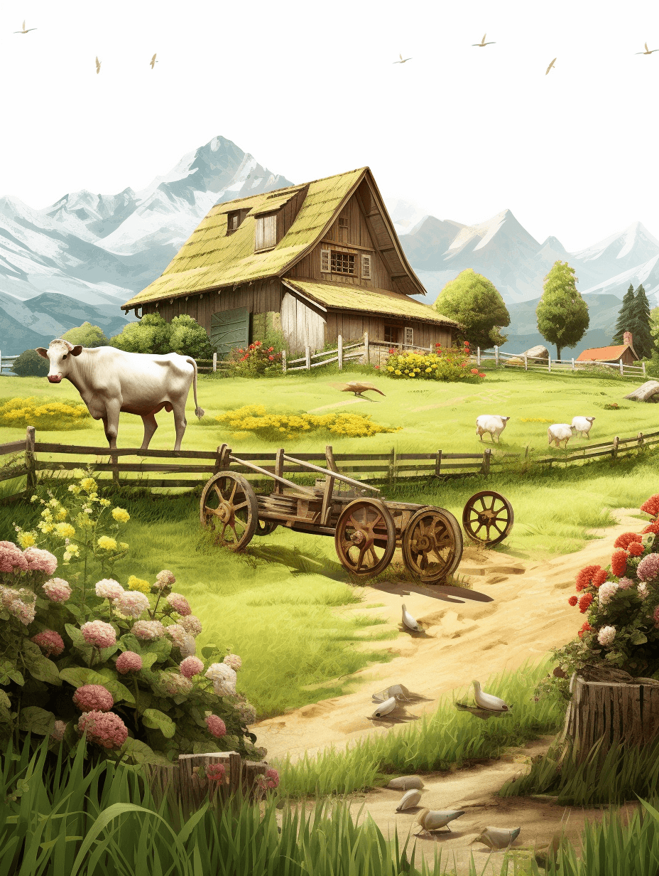 A beautiful illustration of an old farm with flowers, grass and animals in the background, mountains in the distance, a cart on wheels next to it, a cow grazing nearby, an ancient barn in front of him, a green meadow with many white birds sitting on his back, a small path leading from one corner to another, a wooden fence around the house, realistic style, bright colors, high resolution, detailed textures.