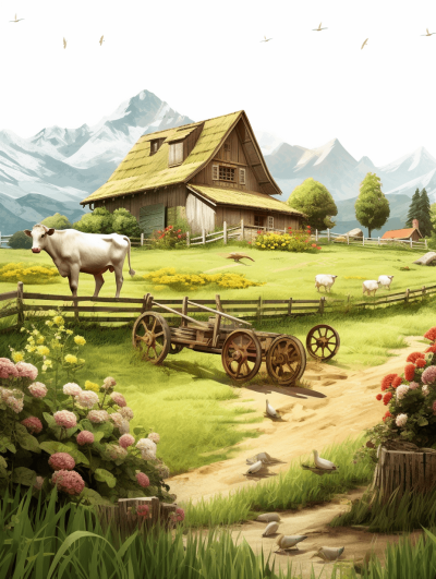 A beautiful illustration of an old farm with white cows, a wooden cart and horses in the background, green grass on the ground, flowers growing along the path leading to the barn, distant mountains, birds flying around, in the style of Pixar, high resolution, highly detailed.