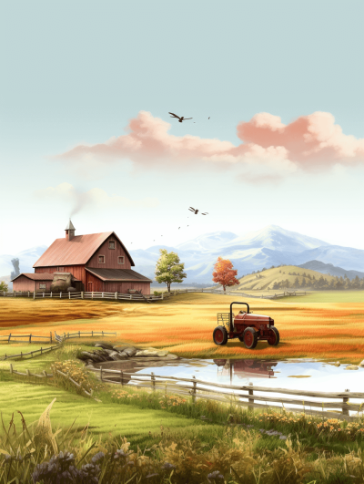 A beautiful farm with a red barn and tractor in the background, fields of green grass, pond with reflections, distant mountains, sky with clouds, birds flying overhead, a farmer driving his ride on tractors across an autumn field, cartoon style, simple lines, vector graphics, colorful, bright colors, warm tones, high resolution, illustration, digital art, high detail, no shading, clear focus, detailed background.