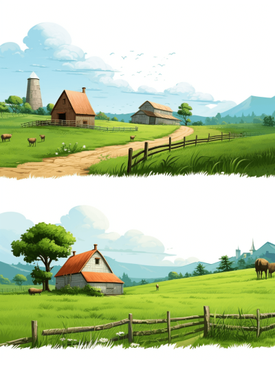 Two vector illustrations of farm landscapes. The first illustration depicts an old barn. The second shows a farmhouse surrounded by green pastures with grazing animals. There is also a wooden fence in front, leading to a road that goes into the distance. In both scenes there's a small tree on one side. On top of each scene is a white sky with clouds. The style is cartoon-like.