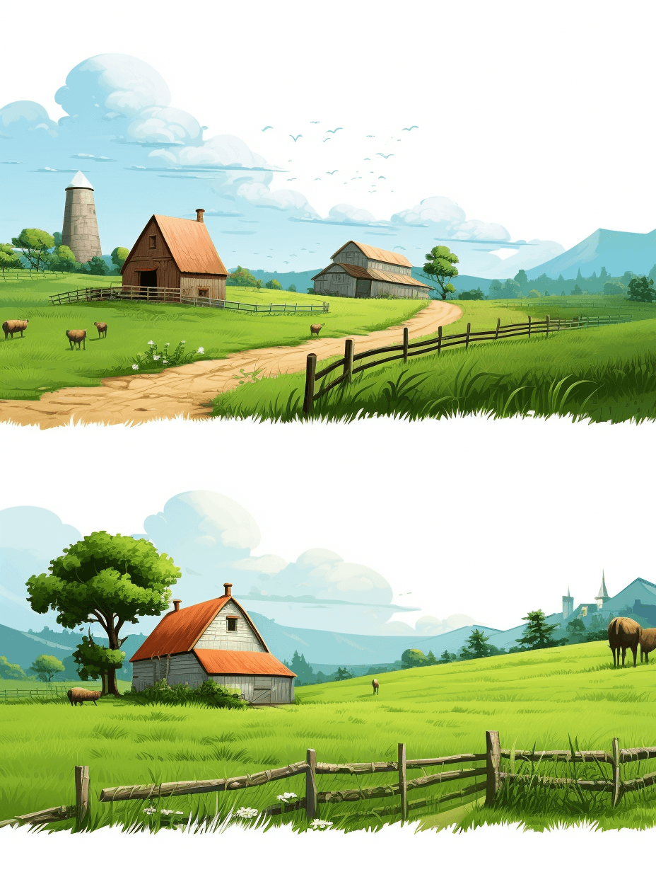 Two vector illustrations of farm landscapes. The first illustration depicts an old barn. The second shows a farmhouse surrounded by green pastures with grazing animals. There is also a wooden fence in front, leading to a road that goes into the distance. In both scenes there’s a small tree on one side. On top of each scene is a white sky with clouds. The style is cartoon-like.