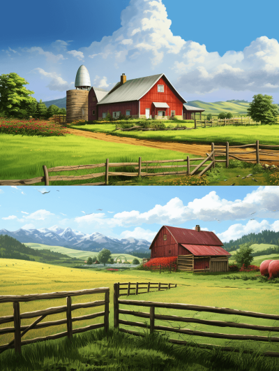 a cartoon farm landscape with red barn and fence, in the style of [Artgerm](https://goo.gl/search?artist%20Artgerm), [Greg Rutkowski](https://goo.gl/search?artist%20Greg%20Rutkowski) and [Thomas Kinkade](https://goo.gl/search?artist%20Thomas%20Kinkade), digital painting, green grassy fields, rolling hills, distant mountains, a blue sky with white clouds, bright sunny day, two images side by side