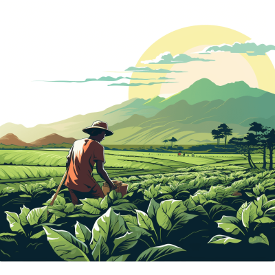 A man working in the field of tea, in lush green fields with distant mountains, in a simple vector illustration style with flat colors and simple lines depicting a tea picking scene incorporating some ethnic art elements in a retro poster design style reminiscent of traditional Chinese painting techniques, at high resolution of 30k and best quality.