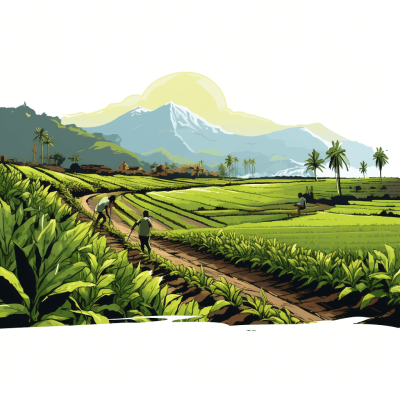 vector illustration of a tea plantation in Bali, a man working in the field, a mountain background, a white background, green colors, white space around - v50