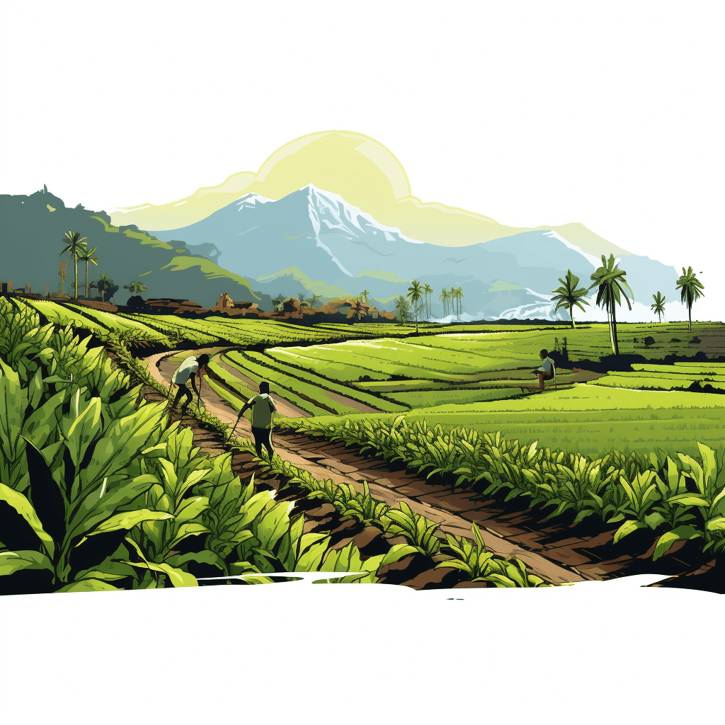 vector illustration of a tea plantation in Bali, a man working in the field, a mountain background, a white background, green colors, white space around – v50