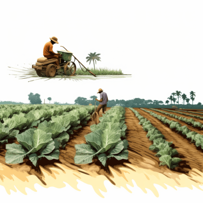 An illustration of two farmers working in the field, with one farmer driving an electric cart full of water and watering rows of cabbages while another stands beside him holding paper or fabric to catch the drops falling from above. The background is white. This scene symbolizes modern farm technology and green practices. Travelling shot, wide angle, perspective view, bird's eye view, editorial illustrations, in the style of a children's book.